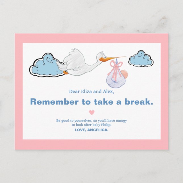 White Stork & Baby Illustration Babydusche Beratun Postkarte (Vorderseite)