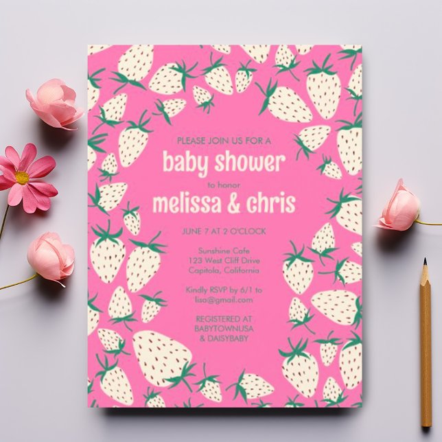 White Strawberry Niedlich Pineberry CUSTOM BABY SH Einladungspostkarte (Cute white strawberries on a pink background for these custom baby shower invitation postcards. )