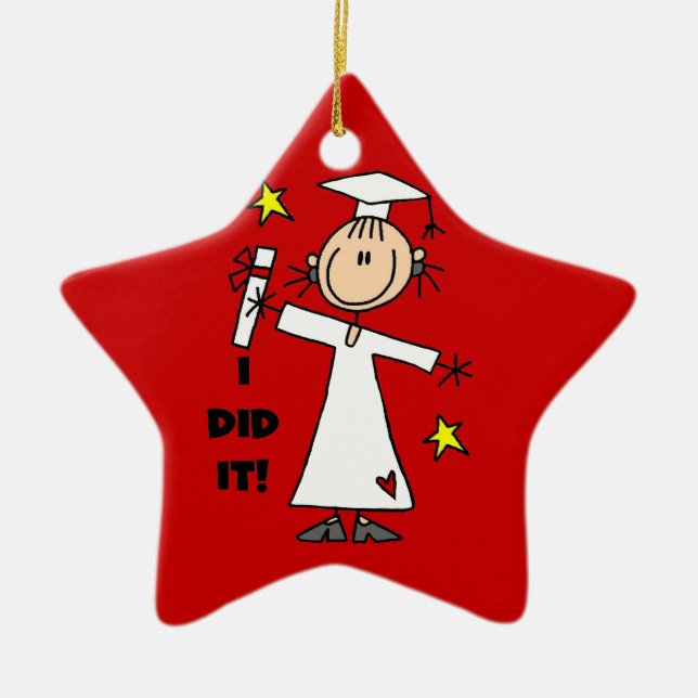 White Strichmännchen Girl Graduate on Red Keramikornament (Vorne)