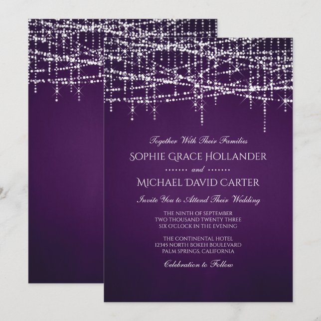 White String Lights on Royal Lila Einladung (Vorne/Hinten)