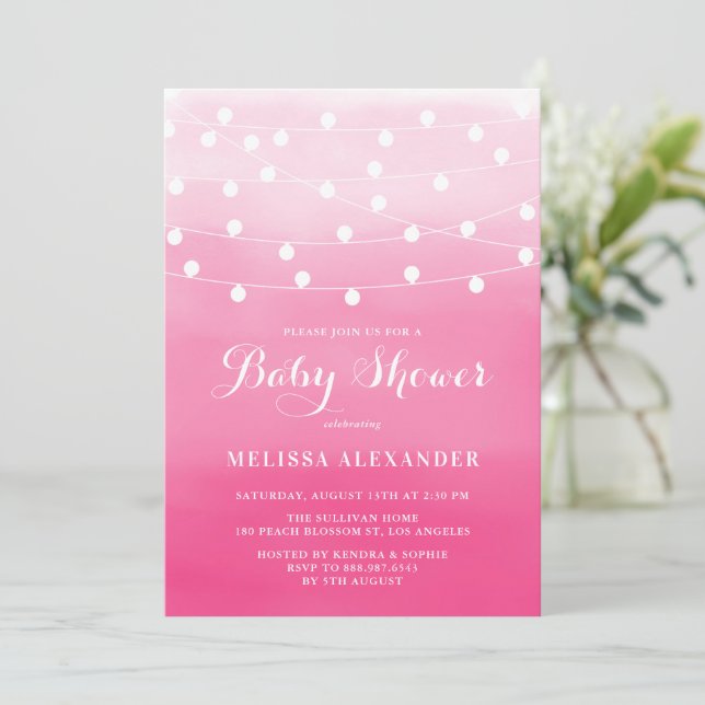 White String Lights Pink Ombre Babydusche Einladung (Stehend Vorderseite)