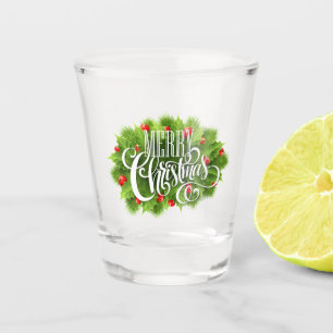 White Stylish Typografy Merry Christmas Holly Schnapsglas