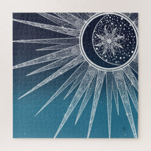 White Sun Moon Mandala Blue Gradient Design