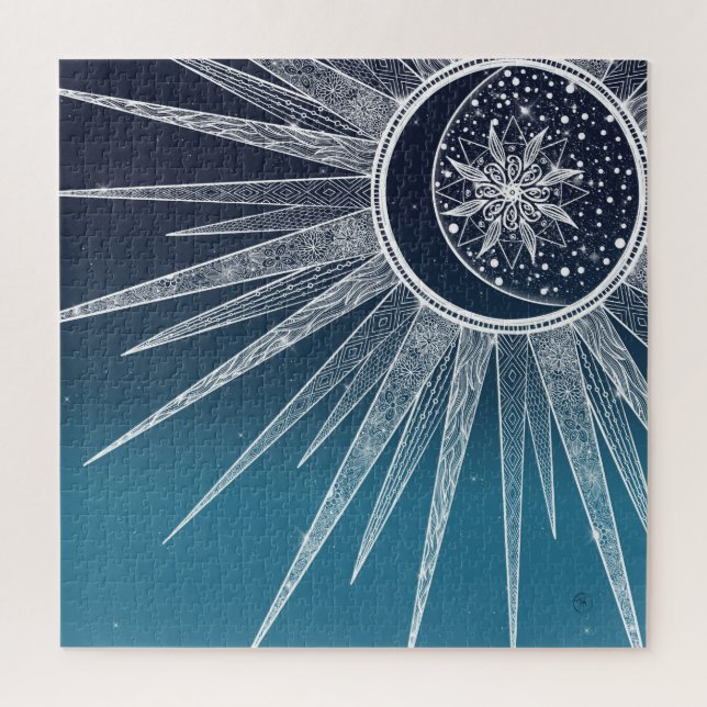White Sun Moon Mandala Blue Gradient Design (Vertikal)