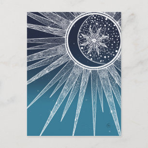 White Sun Moon Mandala Blue Gradient Design Feiertagspostkarte