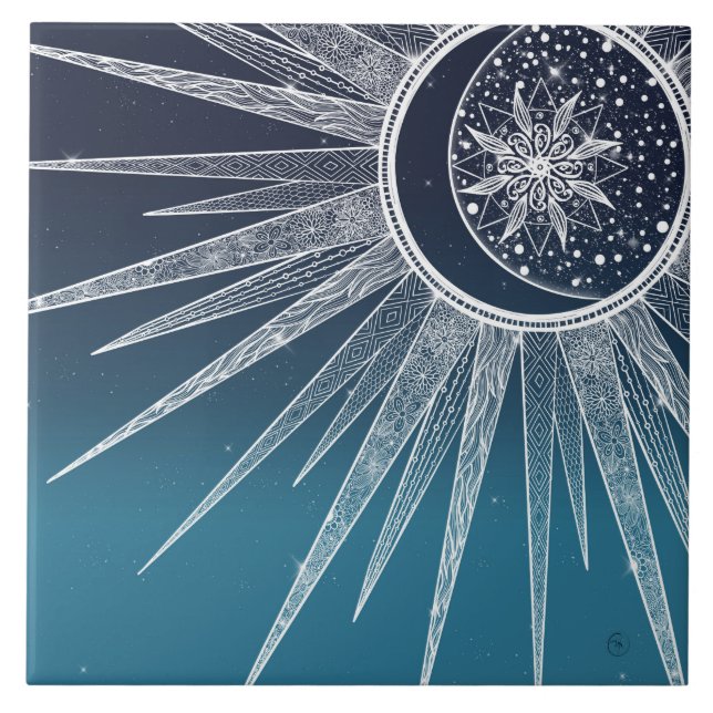 White Sun Moon Mandala Blue Gradient Design Fliese (Vorderseite)