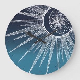 White Sun Moon Mandala Blue Gradient Design Große Wanduhr
