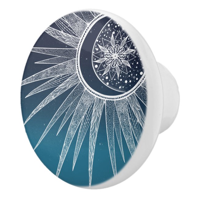 White Sun Moon Mandala Blue Gradient Design Keramikknauf (Rechts)
