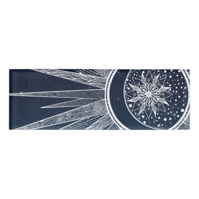 White Sun Moon Mandala Blue Gradient Design Namenschild (Vorderseite)