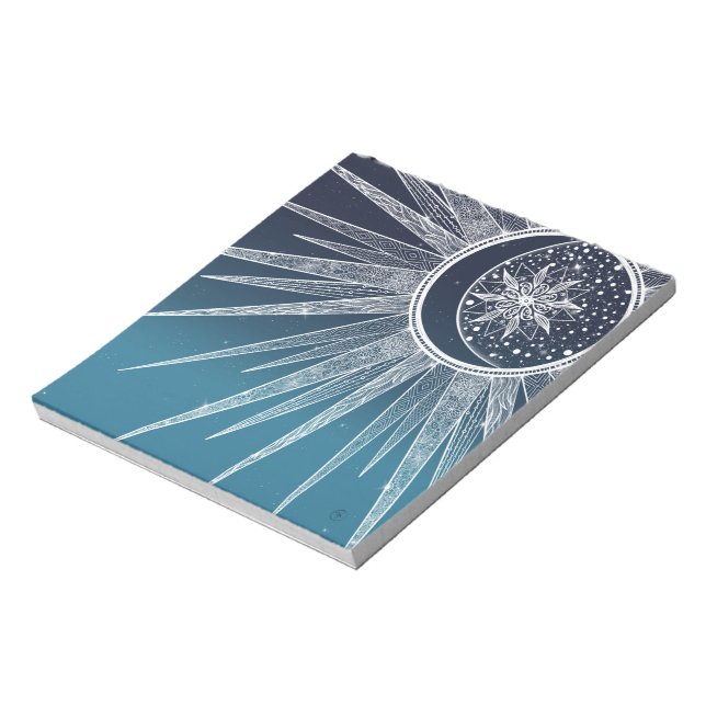 White Sun Moon Mandala Blue Gradient Design Notizblock (Rotiert)