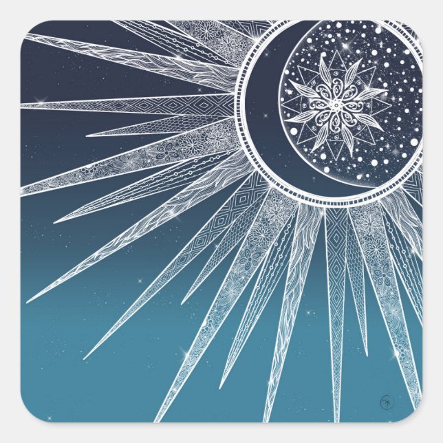 White Sun Moon Mandala Blue Gradient Design Quadratischer Aufkleber (Vorderseite)