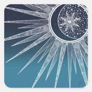 White Sun Moon Mandala Blue Gradient Design Quadratischer Aufkleber