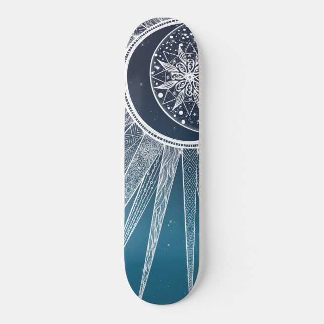 White Sun Moon Mandala Blue Gradient Design Skateboard (Vorderseite)