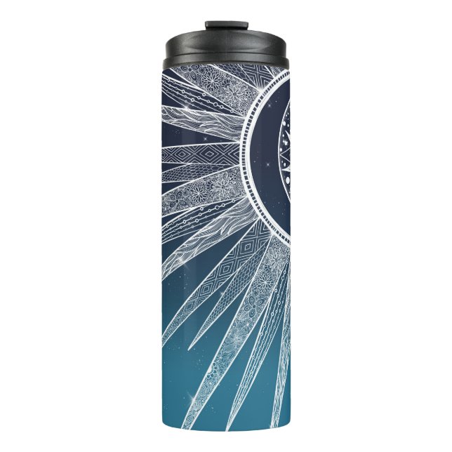 White Sun Moon Mandala Blue Gradient Design Thermosbecher (Vorderseite)