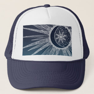 White Sun Moon Mandala Blue Gradient Design Truckerkappe