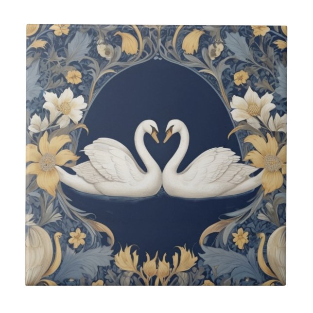 White Swan Couple William Morris Stil Dark Blue Fliese (Vorderseite)