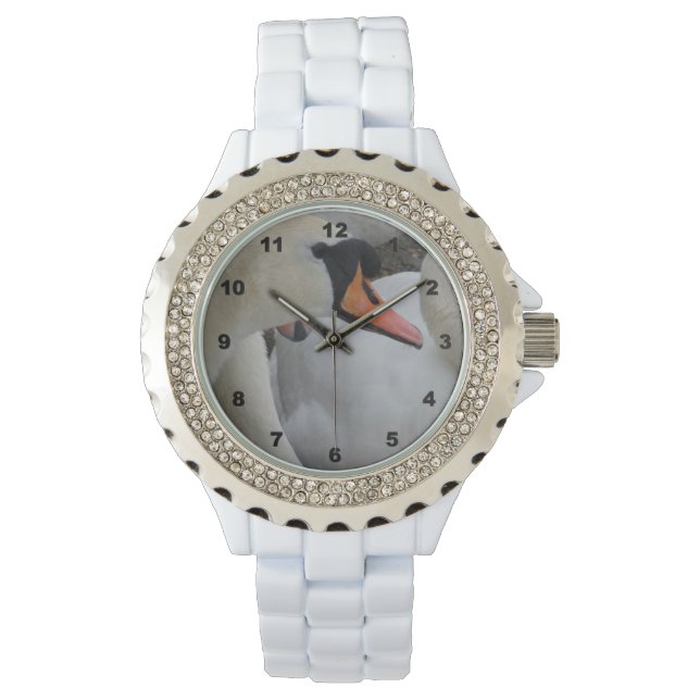 White Swan Kristall White Enamel Wrist Watch Armbanduhr (Vorderseite)