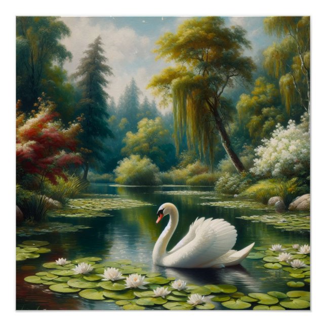 White Swan on Lake Impressionism Decoupage Poster (Vorderseite)