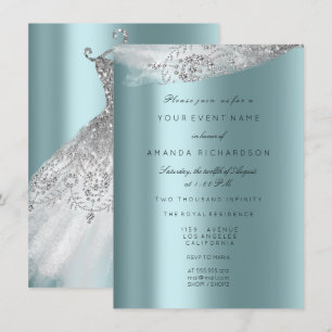 White Sweet 16. Bridal Dress Gray Aqua Diamond Einladung