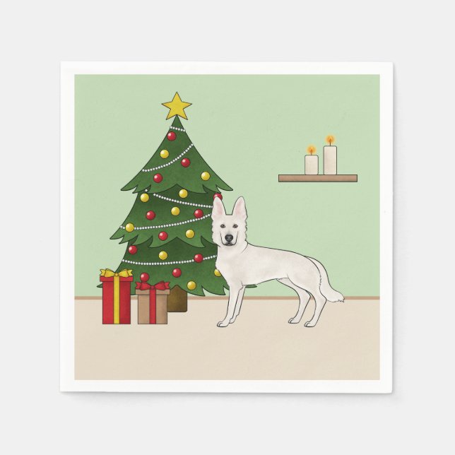 White Swiss Shepherd GSD Dog Grüner Weihnachtsbaum Serviette (Vorderseite)
