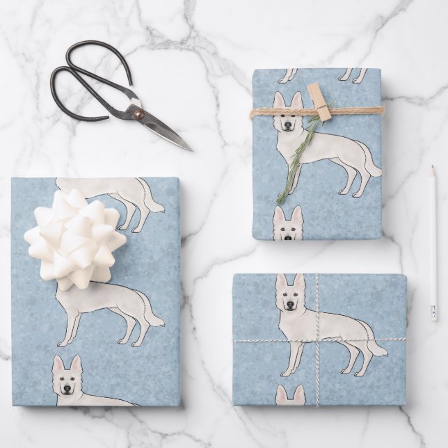White Swiss Shepherd White GSD Cartoon Dog Blue Geschenkpapier Set (Vorderseite)