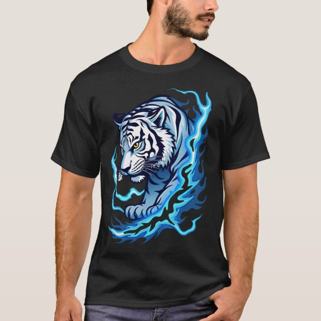 "White T - Shirt with Tiger and Blue Flames Design (Vorderseite)
