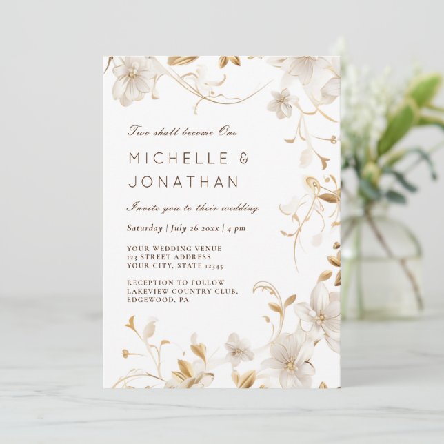 White Tan Floral Moderne Christliche Hochzeit Einladung (Stehend Vorderseite)