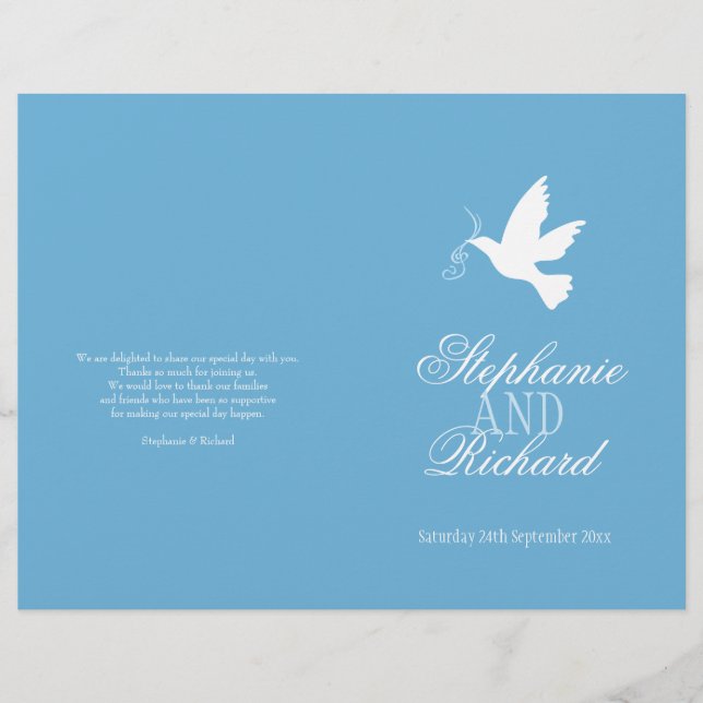 White Taube mit blauen Bändern Hochzeitsprogramm (Vorderseite)