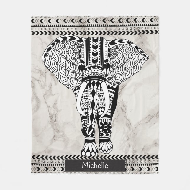 White & Taupe Marmor Tribal Gemustert Elephant Fleecedecke (Vorderseite)