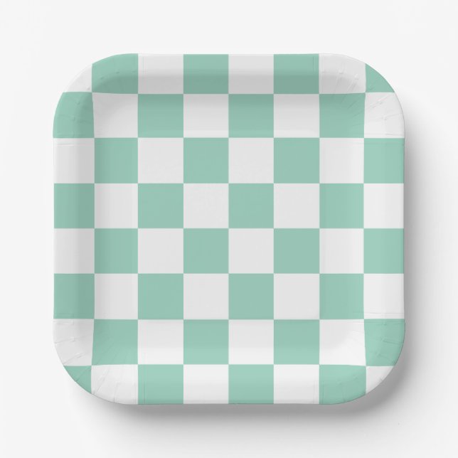 White & Teal Checkerboard Paper Plates Pappteller (Vorderseite)