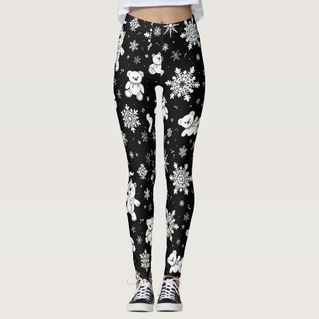 White Teddy Bear & Snowflake Seamless Pattern Leggings (Vorderseite)
