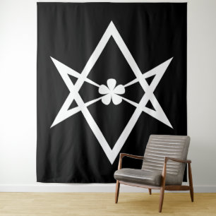 White Thelema Solid Unicursal Hexagram auf Schwarz Wandteppich
