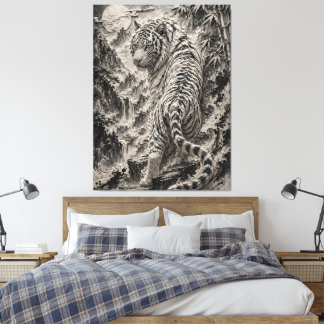 White Tiger Engraved Ink Style - Oriental Guardian Leinwanddruck