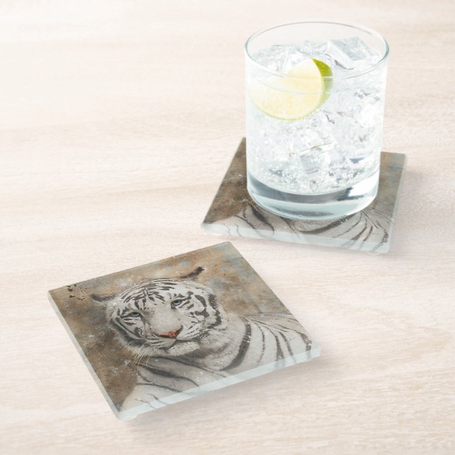 White Tiger Face Fotografie Moderne Wasserfarbe Glasuntersetzer (Schrägansicht)