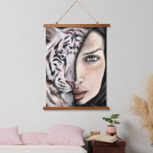 White Tiger Girl - Emotion Tapestry - Malerei Art Wandteppich Mit Holzrahmen