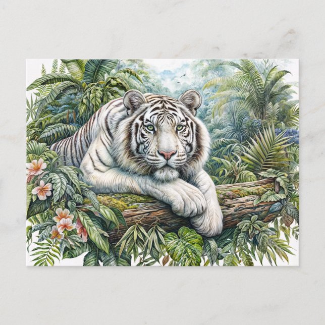 White Tiger In Jungle Watercolor Art Postkarte (Vorderseite)