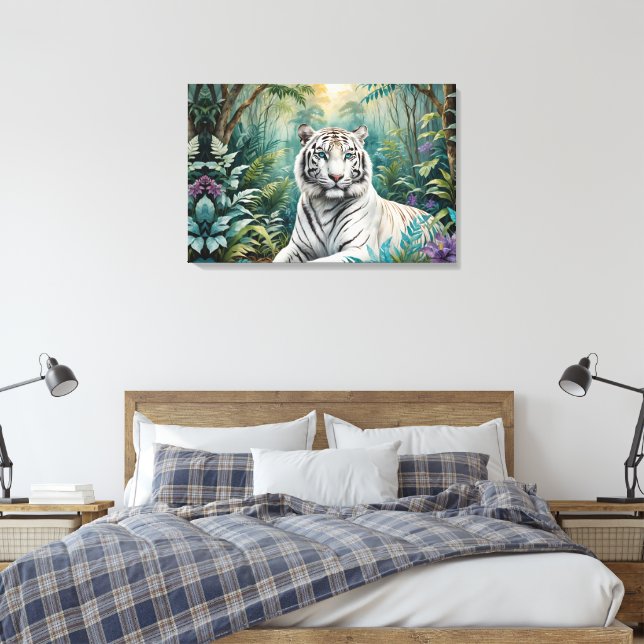 White Tiger Jungle Flora Leinwanddruck (Insitu (Schlafzimmer))