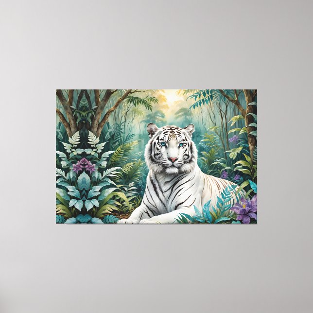 White Tiger Jungle Flora Leinwanddruck (Vorderseite)
