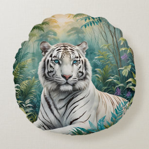 White Tiger Jungle Flora Rundes Kissen
