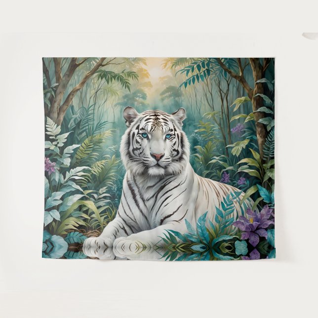 White Tiger Jungle Flora Wandteppich (Vorderseite (Horizontal))