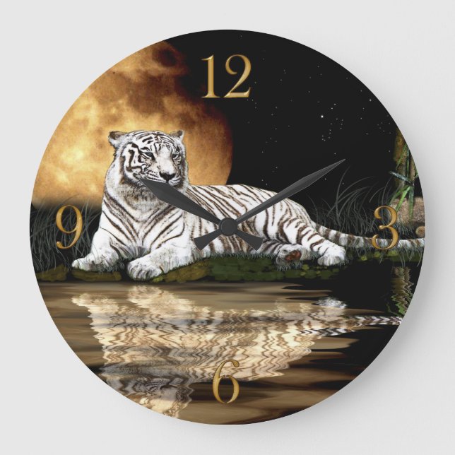 White Tiger & Moon Big Cat Animal-Lover Wall Clock Große Wanduhr (Vorderseite)
