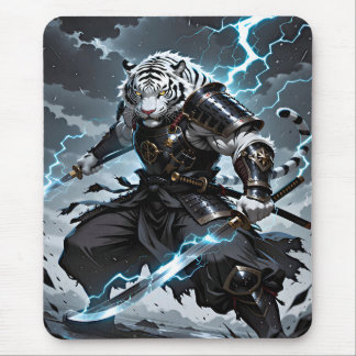 White Tiger Samurai Warrior Blue Lightning Gaming Mousepad
