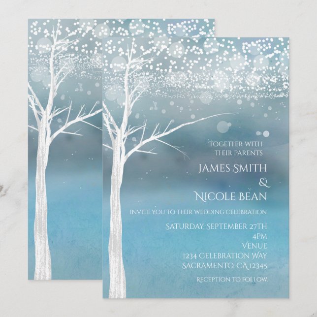 White Tree Winter Blue Elegante Einladung Hochzeit (Vorne/Hinten)