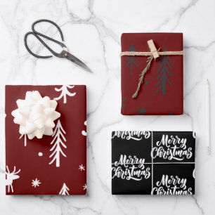 White Trees Illustrations Red Christmas Pattern Geschenkpapier Set