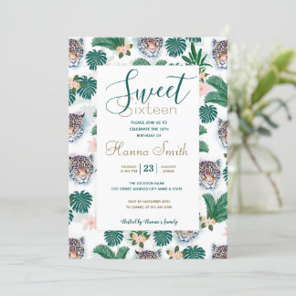White Tropical Floral Foliage and Leopard Faces Einladung