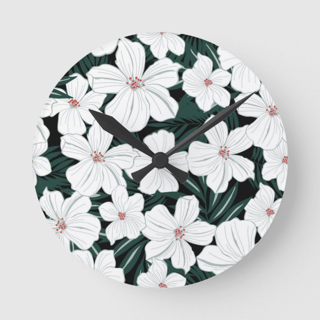 White Tropical Flowers Pattern Runde Wanduhr (Vorderseite)