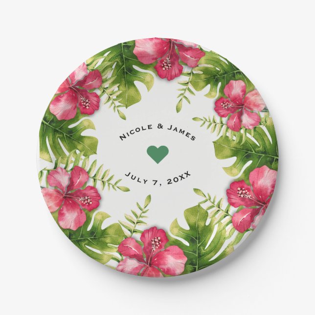 White Tropical Hibiskus Blätter Chic Wedding Party Pappteller (Vorderseite)