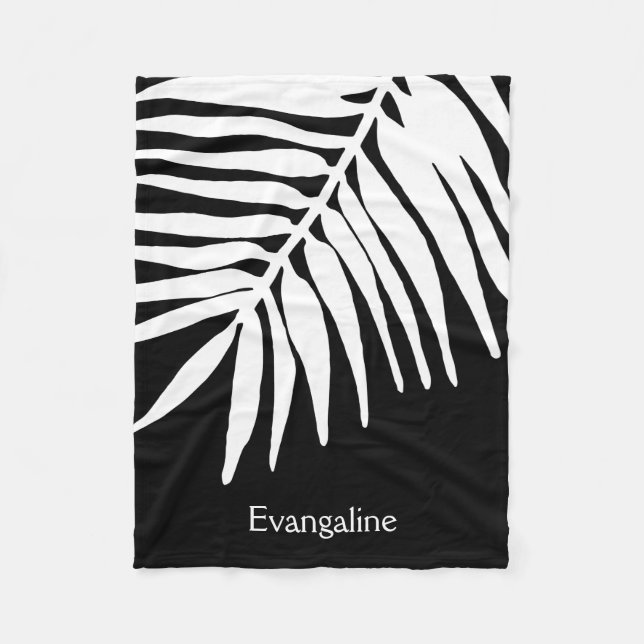 White Tropical Jungle Fern Leaf Druck auf schwarz Fleecedecke (Vorderseite)