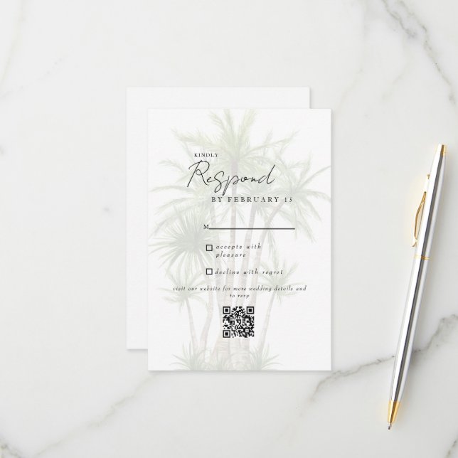 White Tropical Modern Wedding QR Code UAWG RSVP Karte (Vorderseite/Rückseite Beispiel)