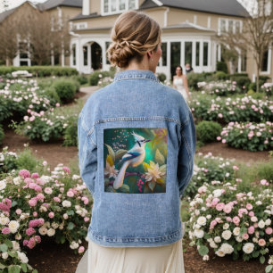 White Tufed Aquamarin Wing Jay Fantasy Bird Jeansjacke